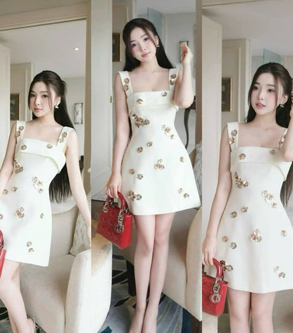 gabrielle sequin rhinestone flower mini dress in white