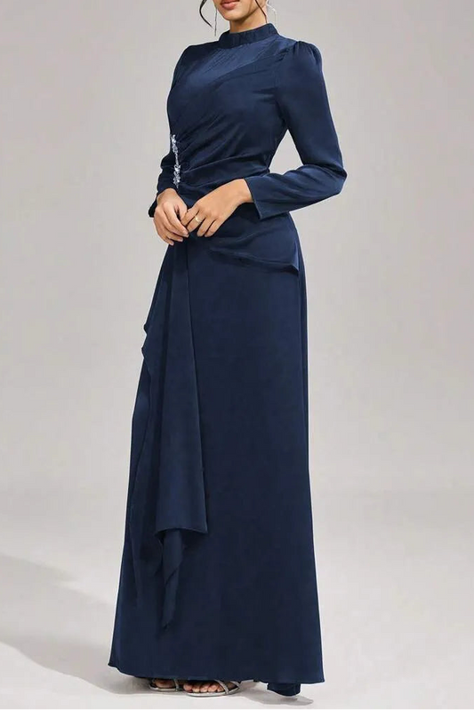 beulah Long sleeves with beading pleated maxi dress in blue
