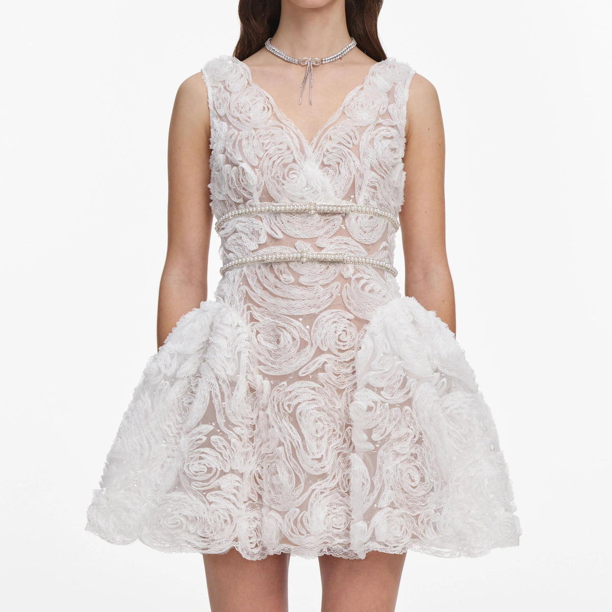 White sequin tulle and lace mini dress