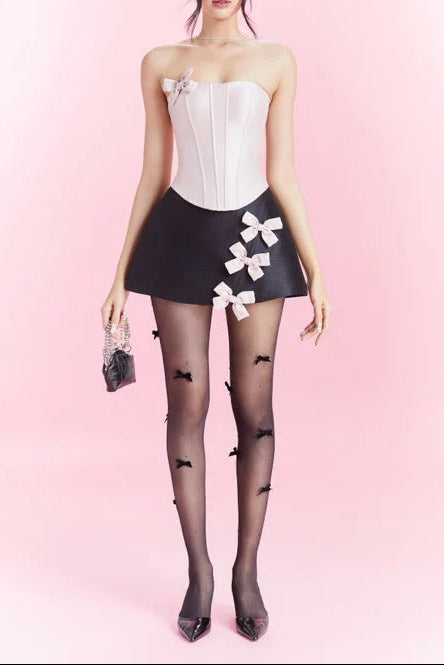 STRAPLESS CROP TOP WITH BOW EMBELLISHED SKIRT
