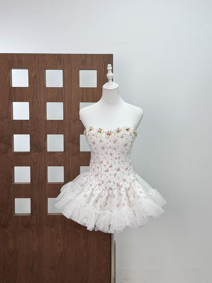 irene floral print strapless tulle mini dress in white
