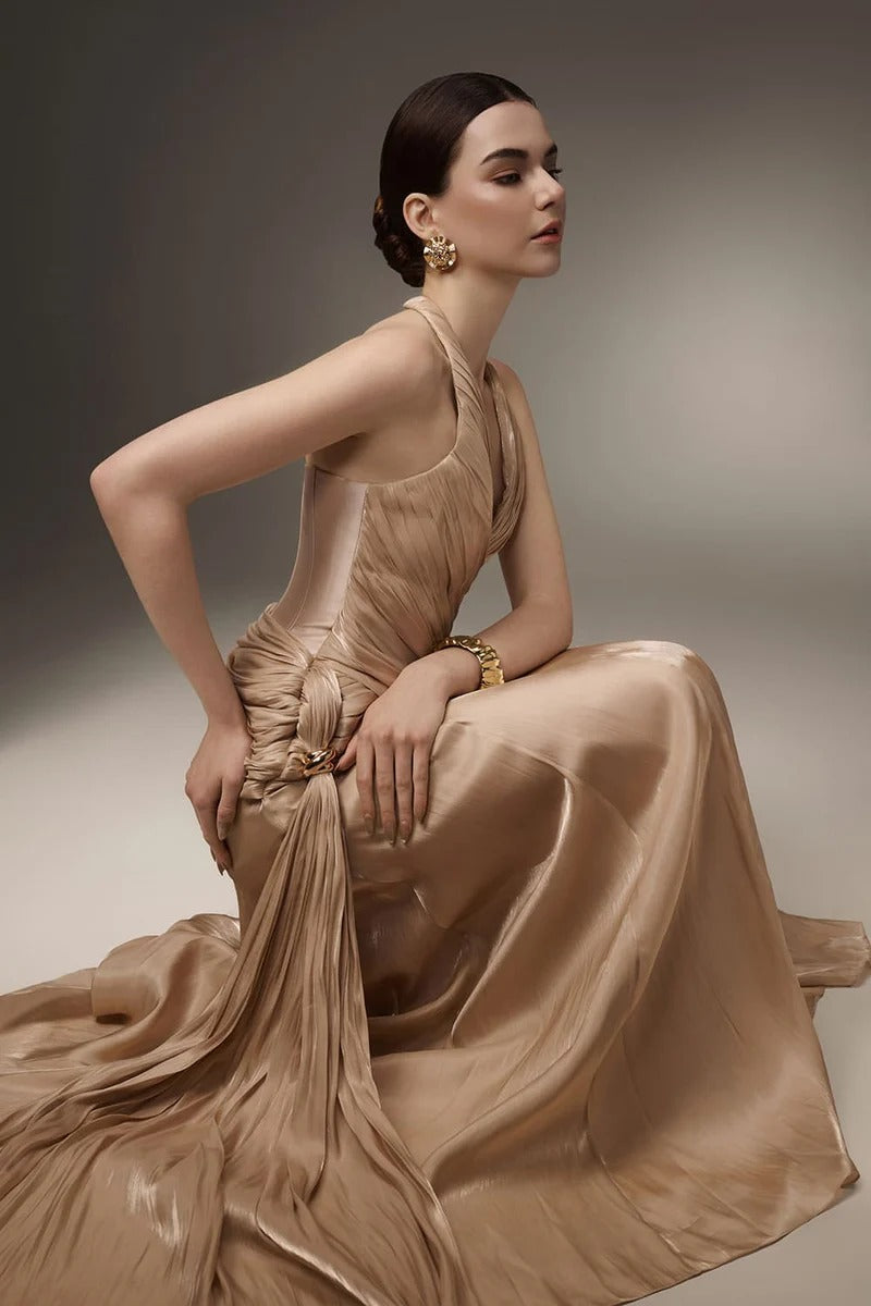 Corset Waist Silk Blend halter Floor Length Dress in champagne