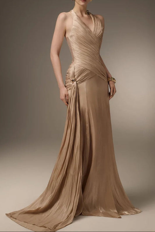 Corset Waist Silk Blend halter Floor Length Dress in champagne