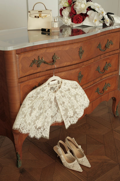White Lace Cape-Sleeve Mini Dress