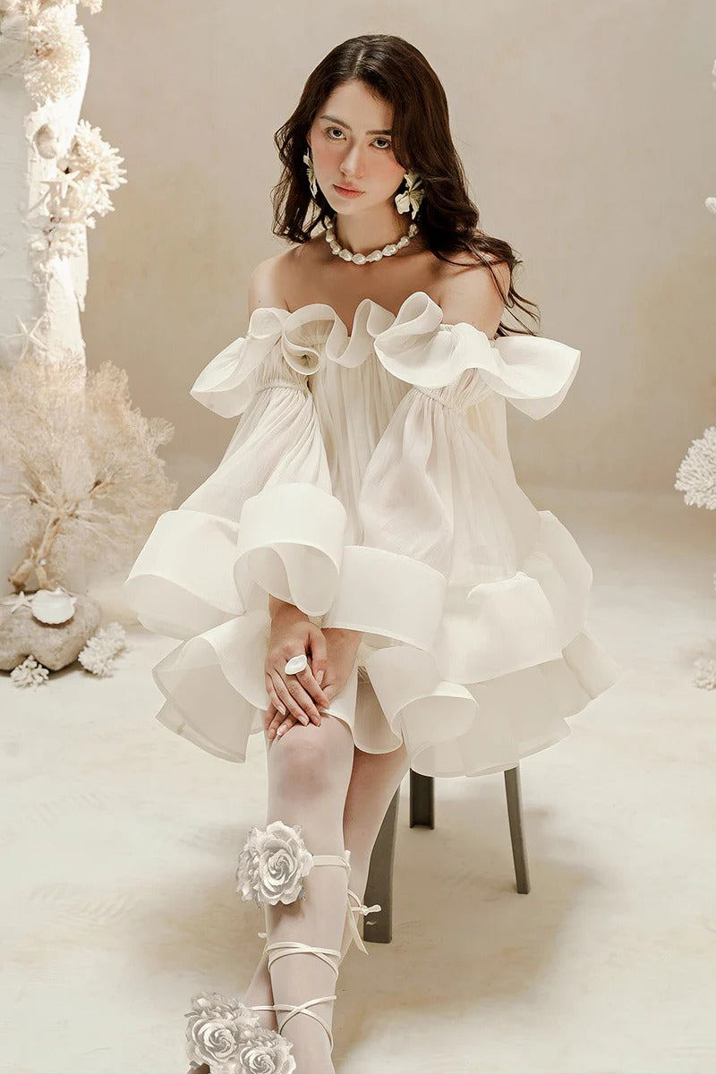 bernice Ruffle Layer Crinkle Chiffon Mini Dress in white