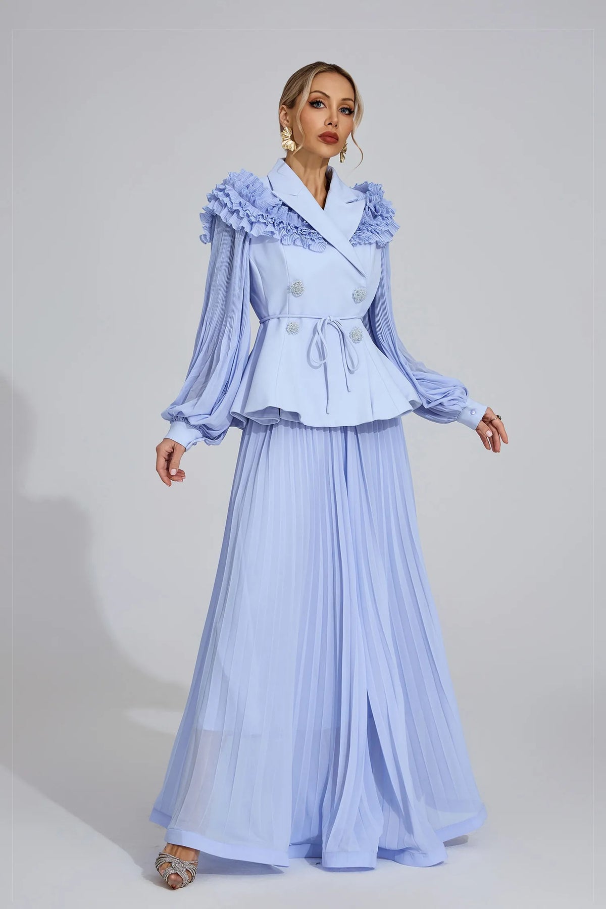 josephine Light Blue Flounce skirt  blazer Two-Piece Set