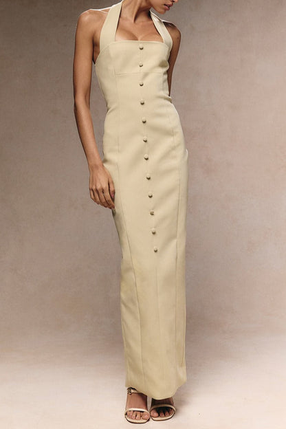 Almond Woven Halter Button Maxi Dress