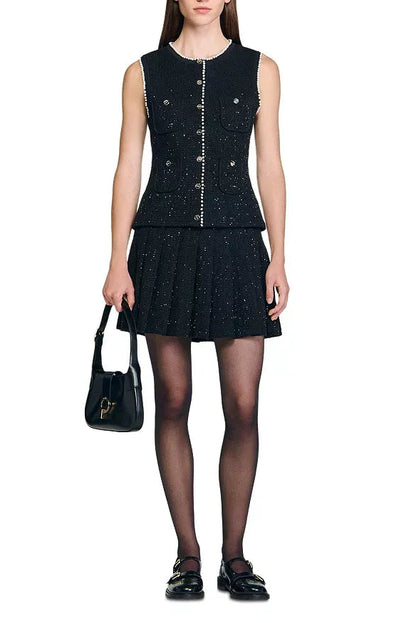 Jody Black Tweed Vest with Pearls embellished