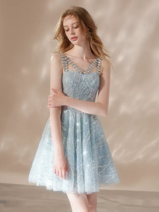 RHINESTONE STRAP HEM DRESS IN BLUE