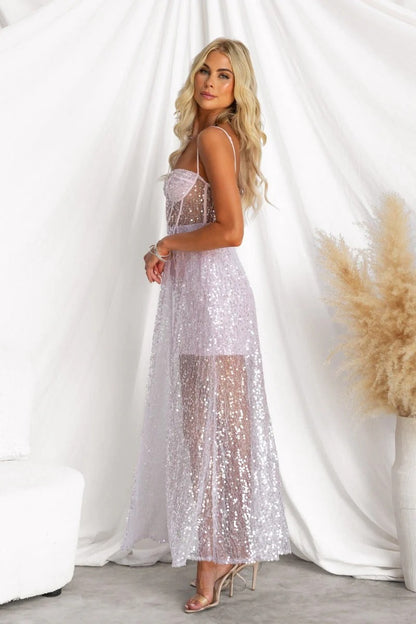 Lavender Sequin Corset Maxi Dress