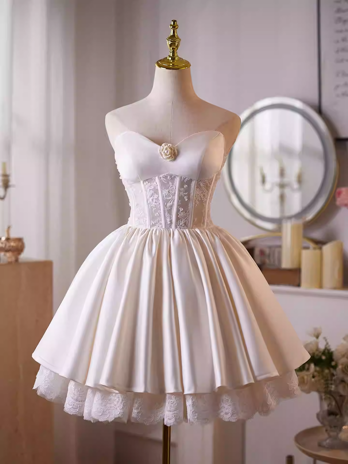 helen white flower Strapless lace satin mini dress