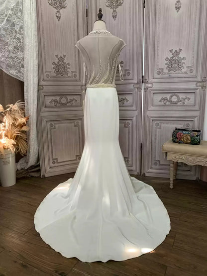 Ivory Crepe Mermaid Gown with Beaded Bodice
