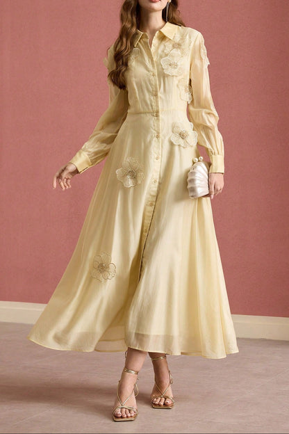 susanna floral Applique Shirt Midi Dress in yellow