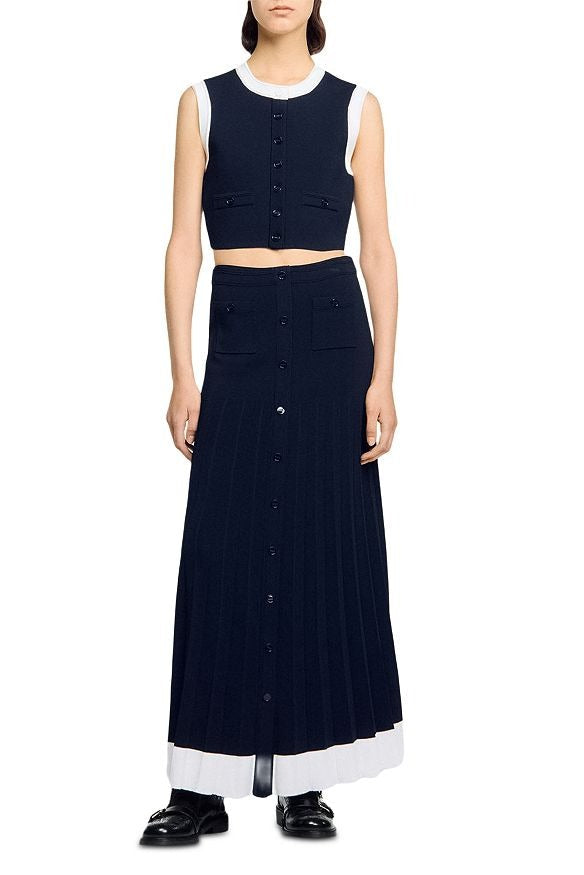 lyuba Two Tone Cropped Sleeveless Cardigan & Knit Skirt