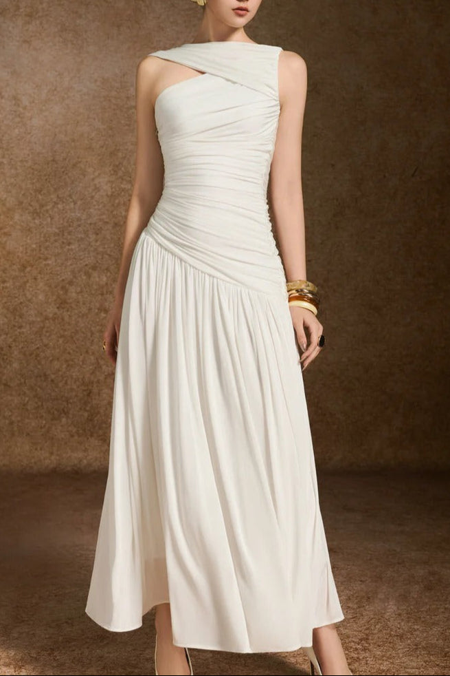 leona A-line Asymmetric Neck Spandex Ankle Length Dress