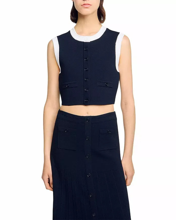 lyuba Two Tone Cropped Sleeveless Cardigan & Knit Skirt