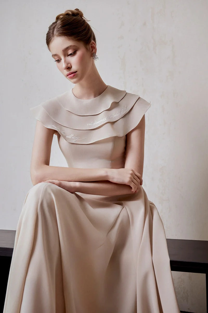 A-line Jewel Neck Viscose Ankle maxi Dress in beige