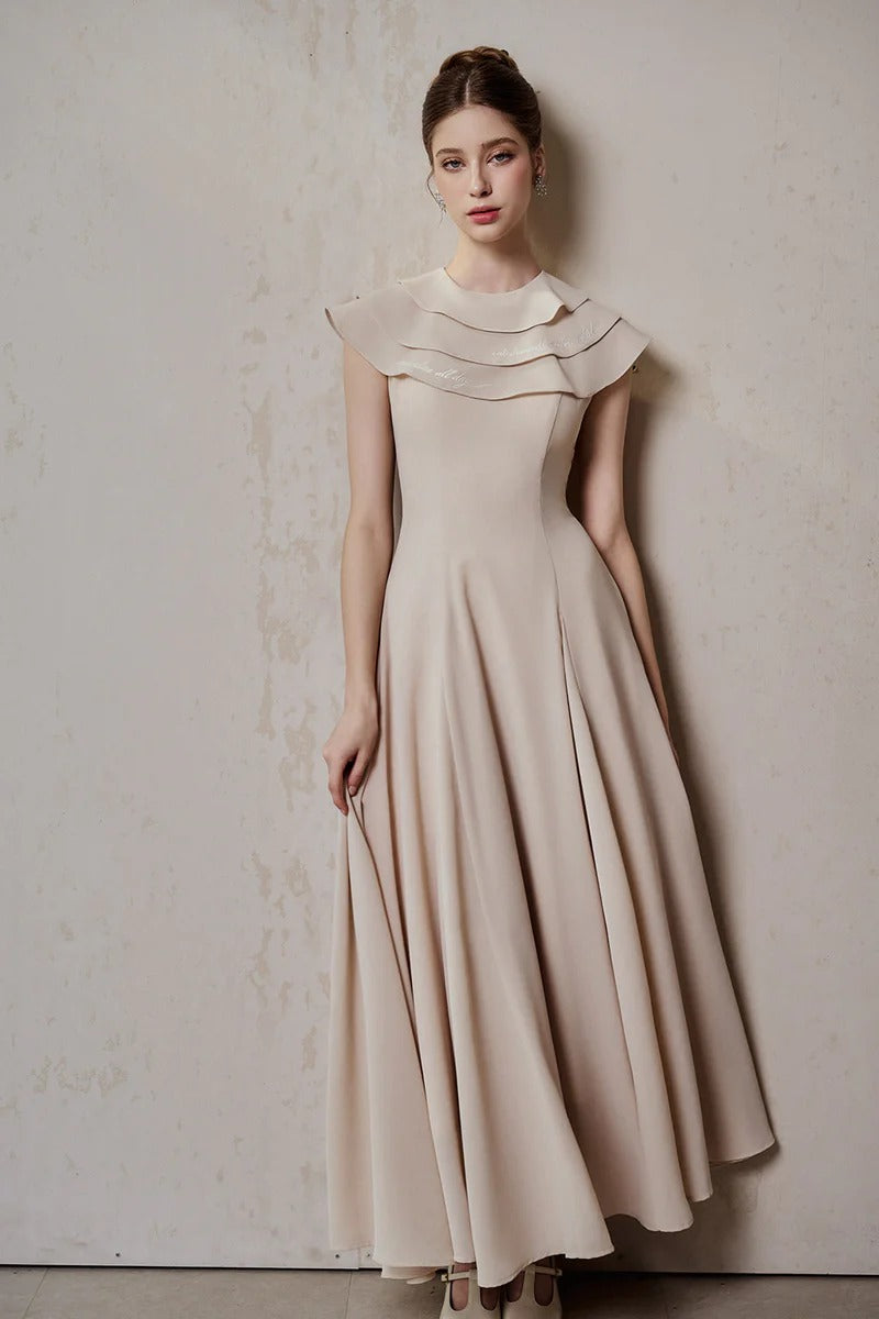 A-line Jewel Neck Viscose Ankle maxi Dress in beige