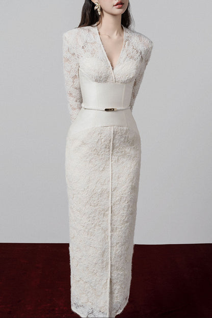 kimberley white v-neck lace patchwork midi dress