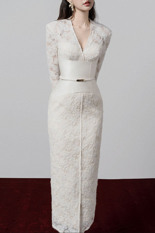kimberley white v-neck lace patchwork midi dress