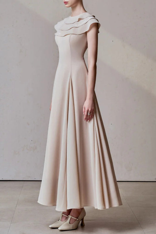 A-line Jewel Neck Viscose Ankle maxi Dress in beige