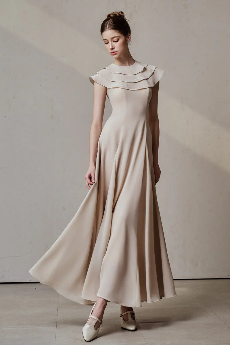 A-line Jewel Neck Viscose Ankle maxi Dress in beige