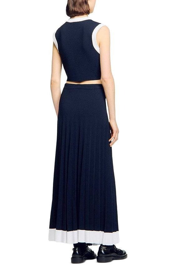 lyuba Two Tone Cropped Sleeveless Cardigan & Knit Skirt