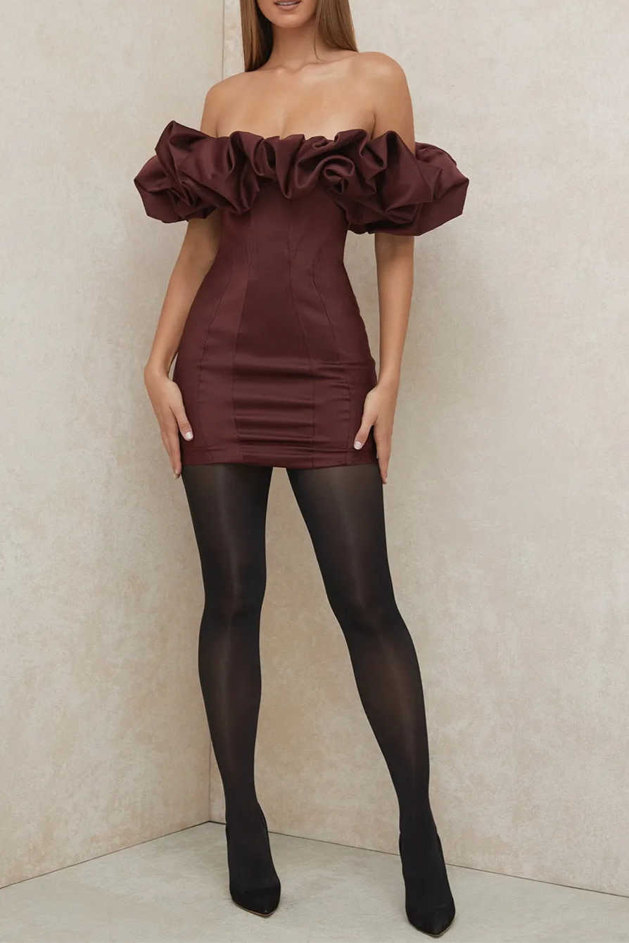 burgundy satin ruffle strapless mini dress