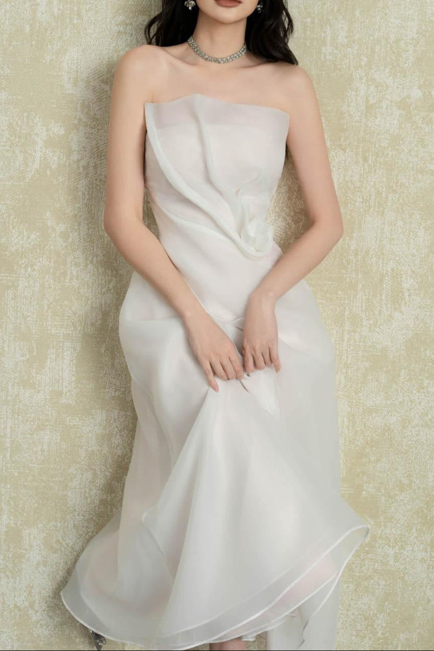 Strapless Layered Organza Midi Dress In White With Giant Puff Bubble Sleeves