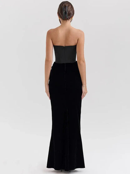 black velvet strapless corset maxi dress