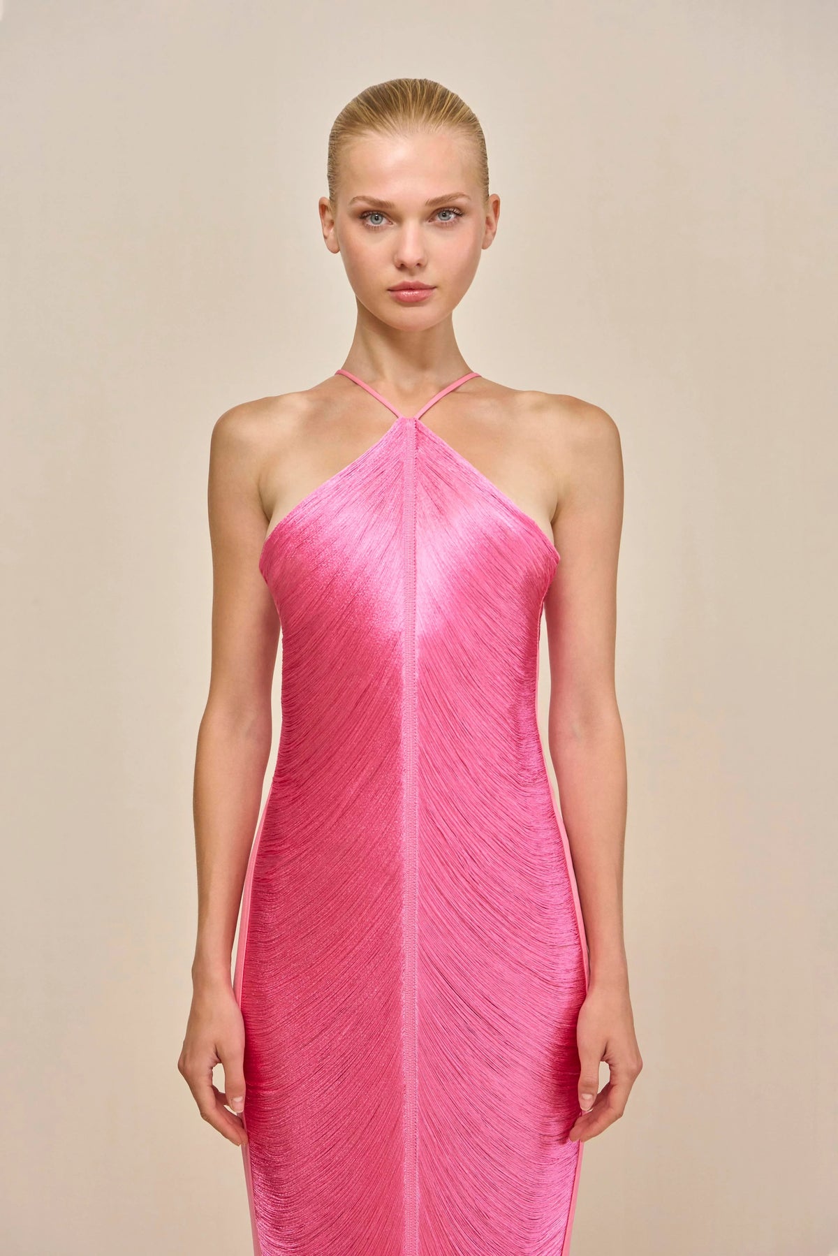 tassel rear slit halterneck dress