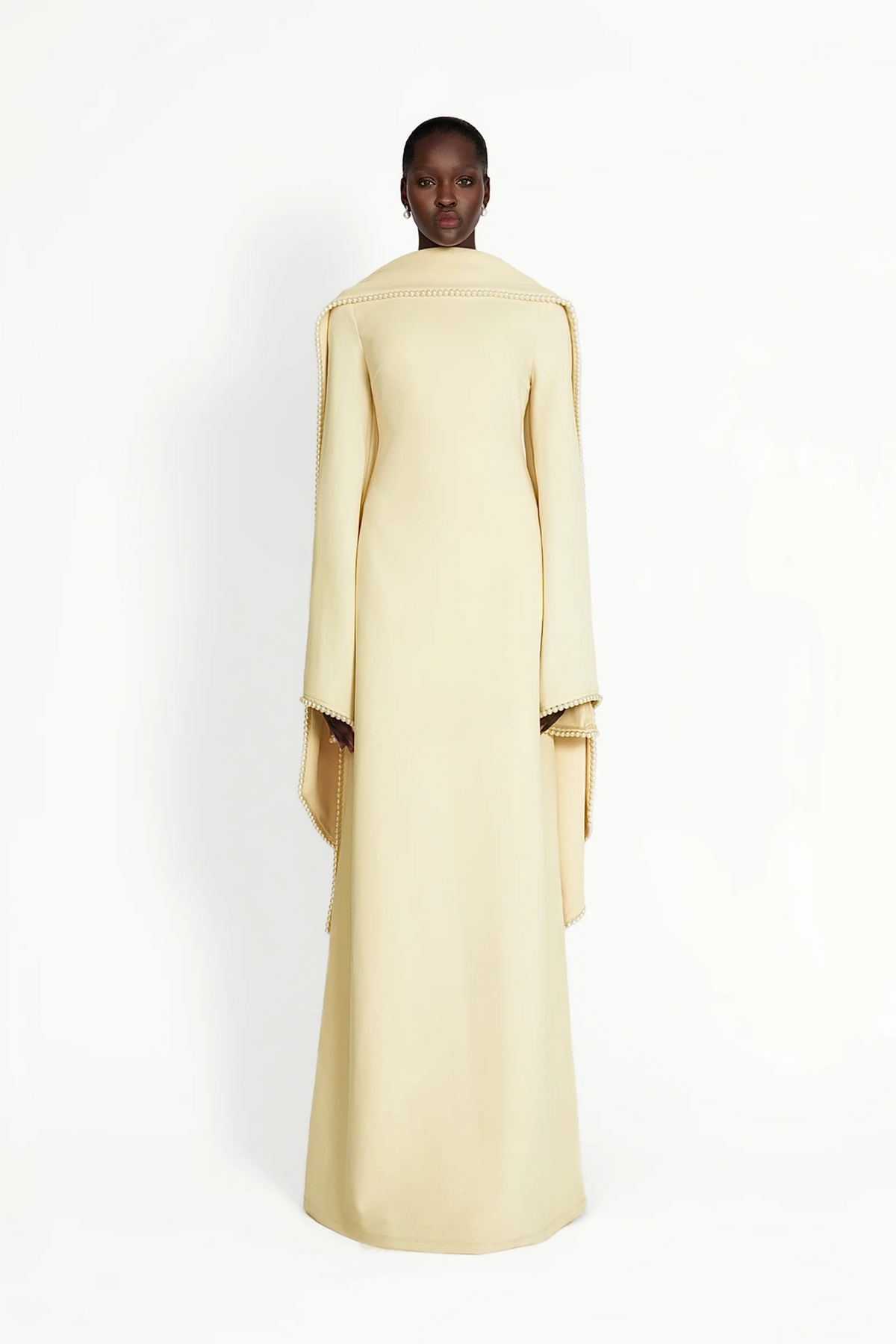 murray Yellow Pearl Trim Shawl Detail Maxi Dress