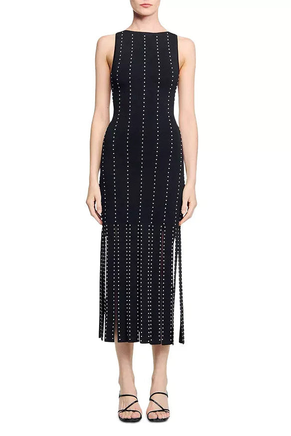 marjorie Fringed Knit Maxi Dress in black