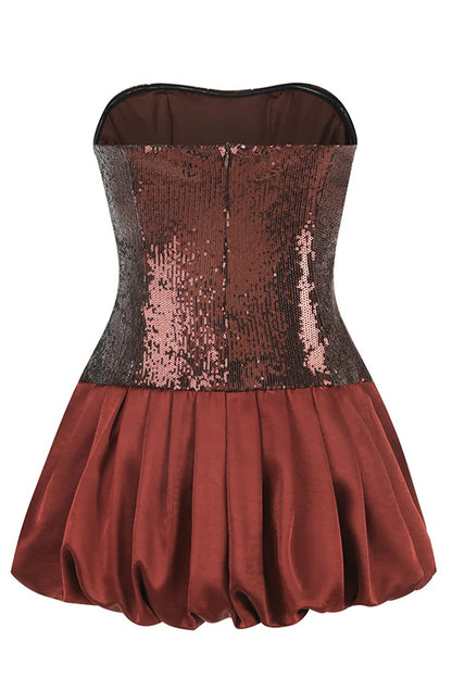 Strapless Sequin Bubble Mini Dress in brown