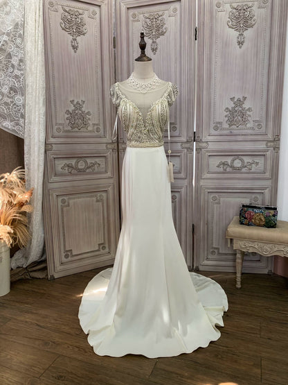Ivory Crepe Mermaid Gown with Beaded Bodice