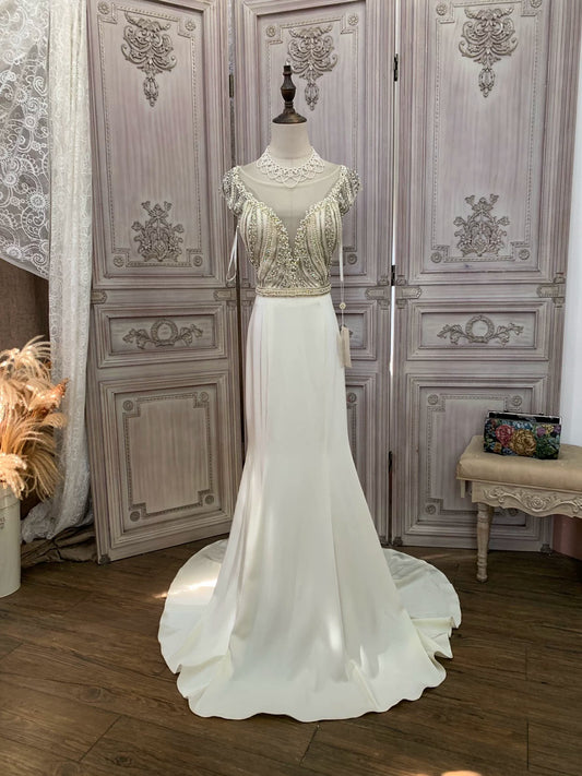 Ivory Crepe Mermaid Gown with Beaded Bodice