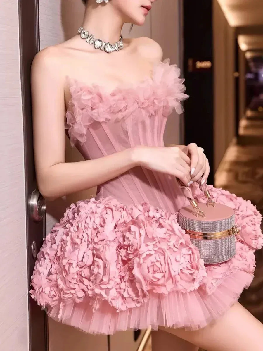 Strapless Petal Floral Corset A Line Dress