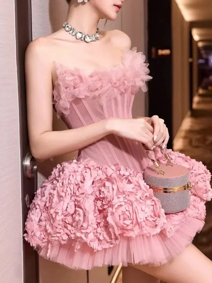 Strapless Petal Floral Corset A Line Dress