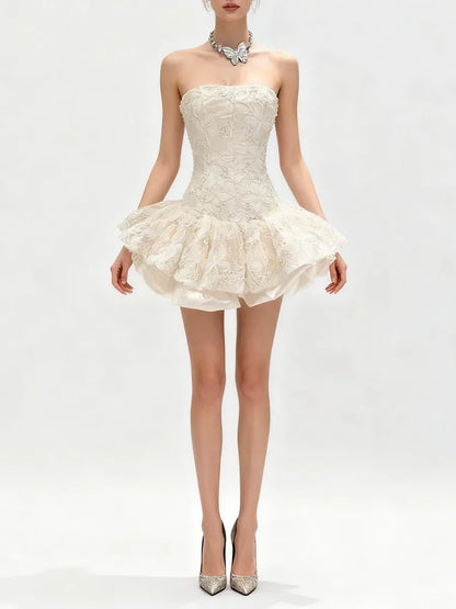 katherine Embroidered Lace Ruffle Mini Dress in pink