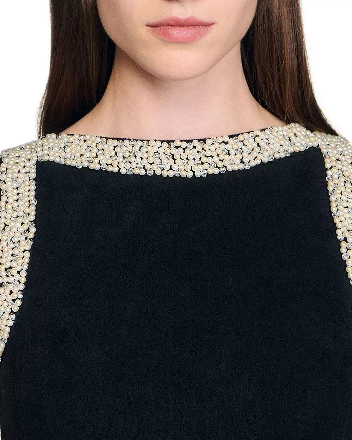 simona ruffle trim Beaded mini Dress in black