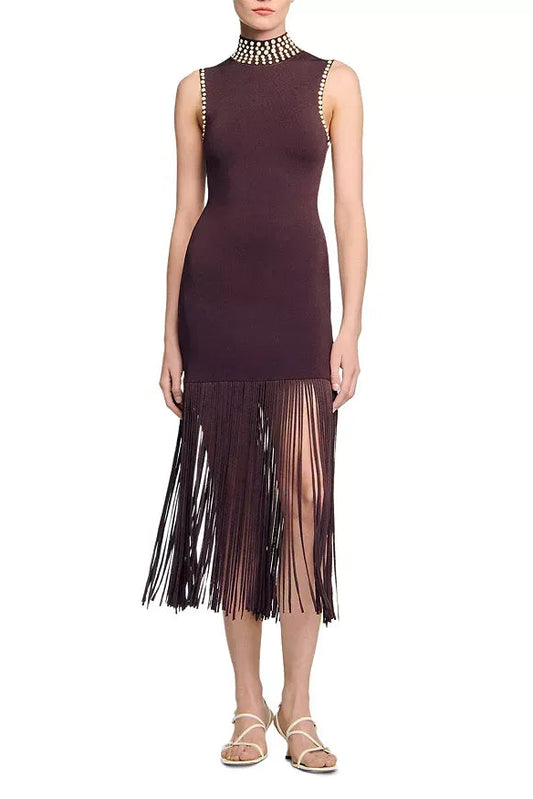 lara Brown Fringe Knit Embellished sleevless midi Dress