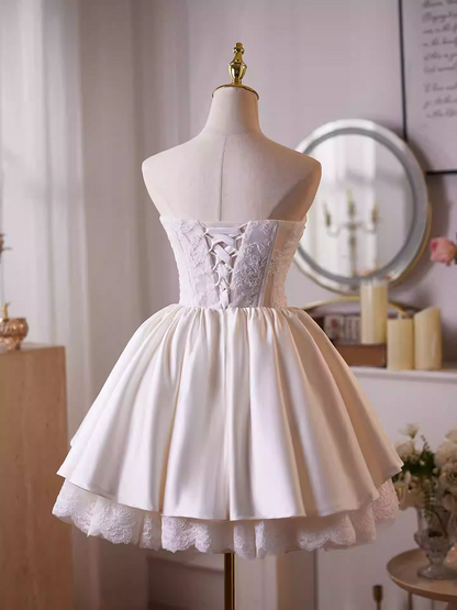 helen white flower Strapless lace satin mini dress
