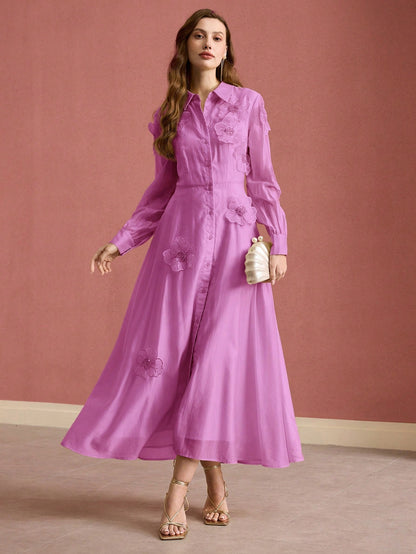 susanna floral Applique Shirt Midi Dress in pink