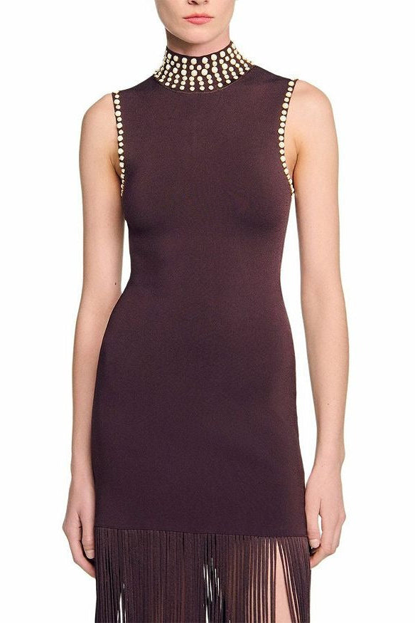 lara Brown Fringe Knit Embellished sleevless midi Dress