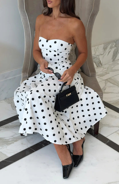 sandra Polka Dot Strapless Midi Dress in White