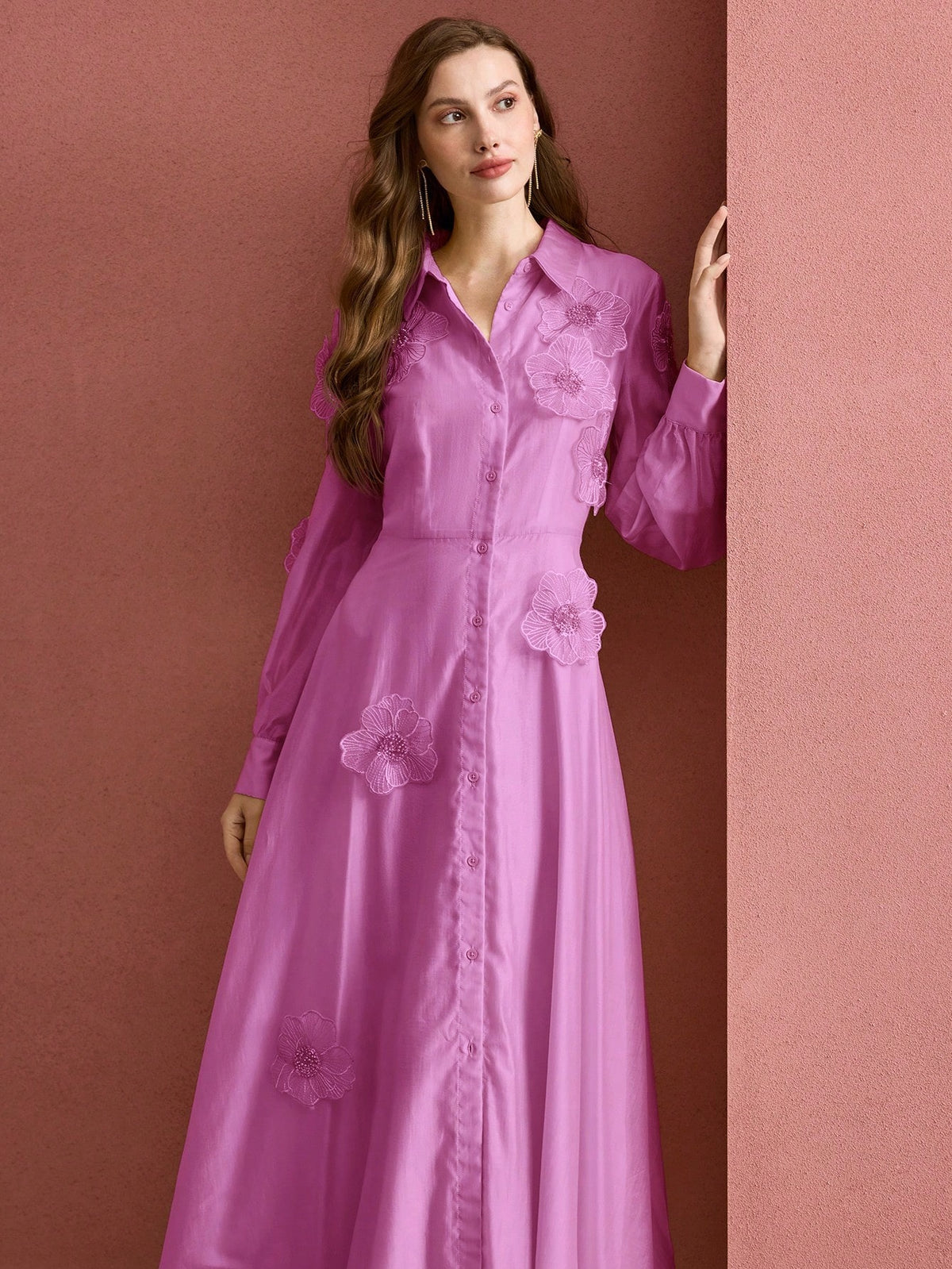 susanna floral Applique Shirt Midi Dress in pink