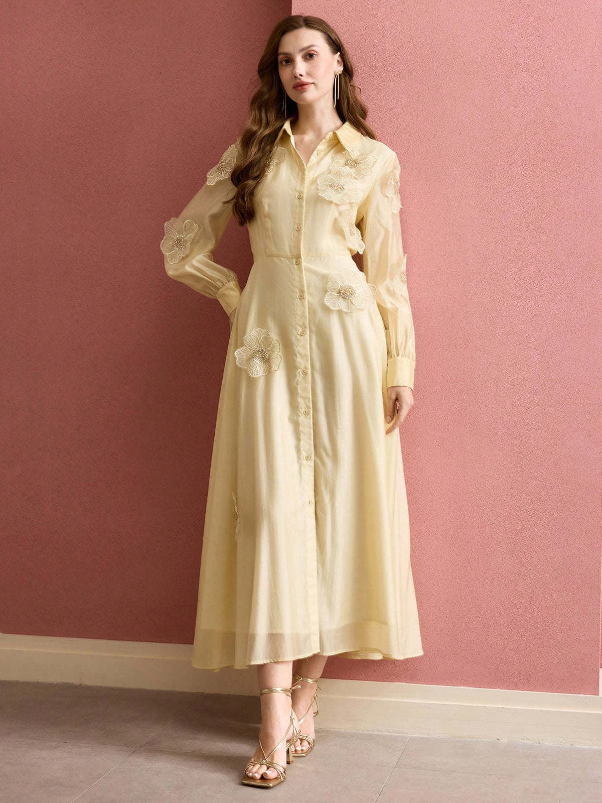 susanna floral Applique Shirt Midi Dress in yellow