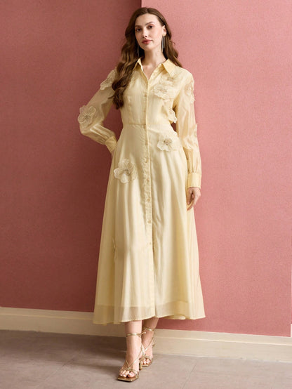 susanna floral Applique Shirt Midi Dress in yellow