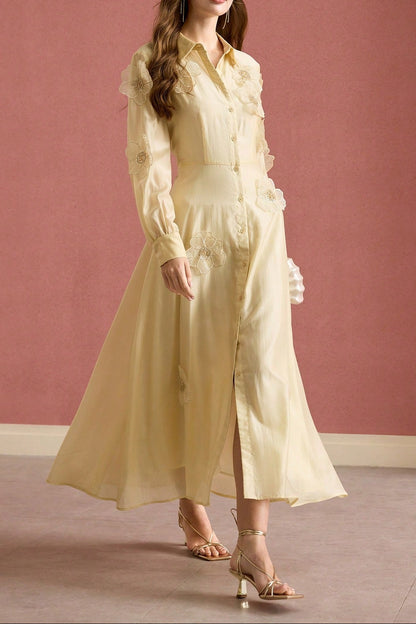 susanna floral Applique Shirt Midi Dress in yellow
