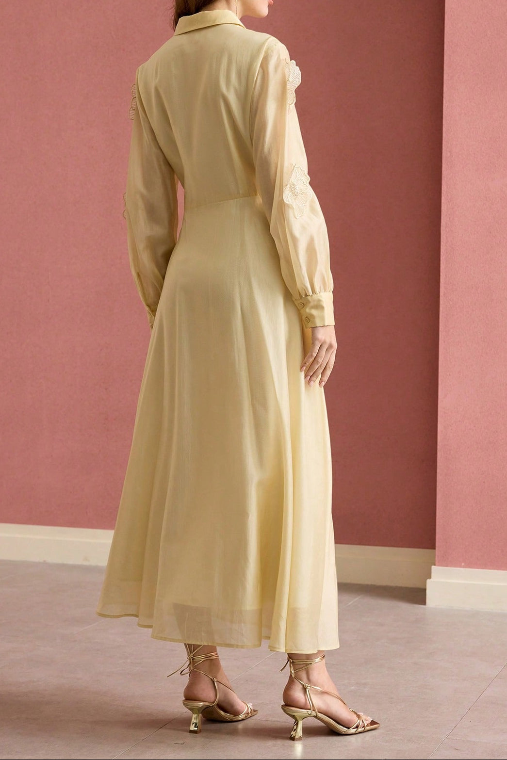 susanna floral Applique Shirt Midi Dress in yellow